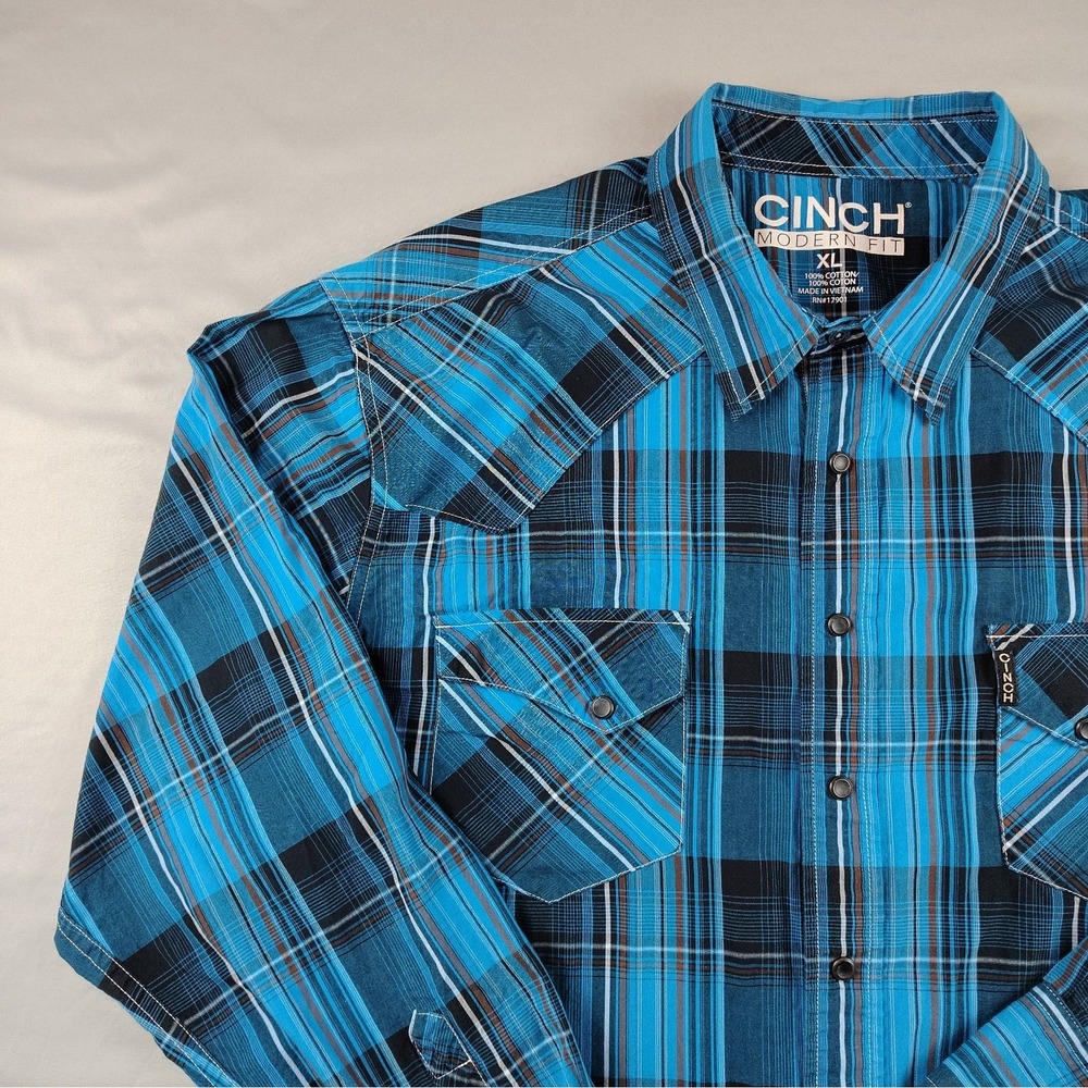 Cinch Modern Fit Western Shirt Men's XL Blue Plaid Snap Long Sleeve Cowboy - Picture 5 of 16